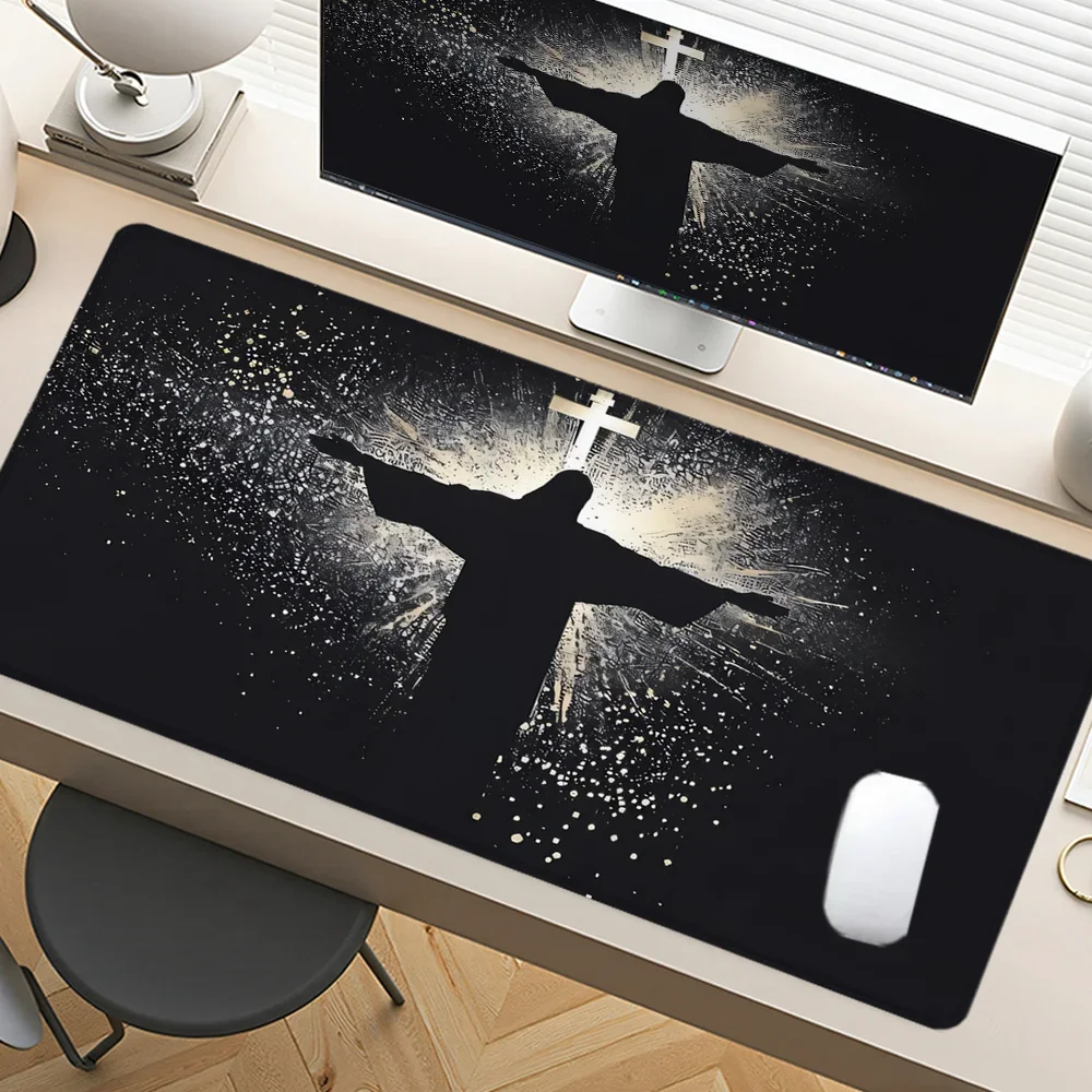Mauspad „Jesus & Kreuz“, großes Schreibtischzubehör, Schreibtischunterlage, Gummibasis mit genähtem Rand, Mauspad, rutschfestes Mauspad für Büro Image