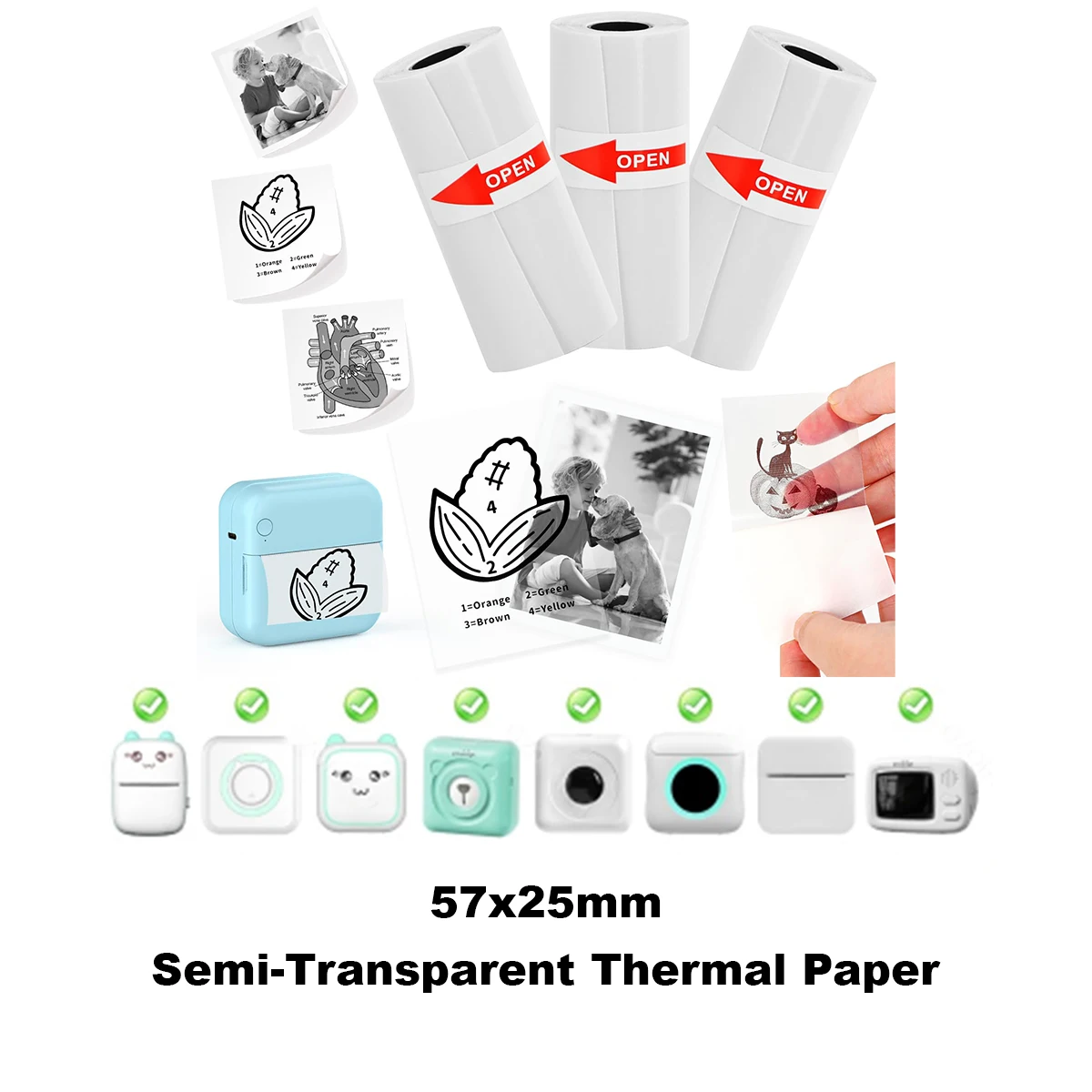 Mini-Drucker durchscheinende Aufkleber, selbst klebende Thermopapier durchscheinende Aufkleber 57x25mm, wasserdicht, öl dicht, kratz fest, bpa frei Image