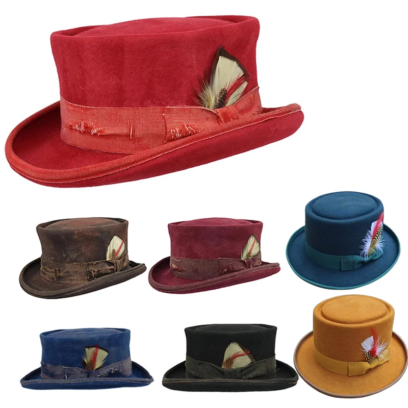 Unisex Mode Runde Wolle Zylinder Casual Distressed Farbe Kappe Westlichen Männer Frauen Party Prop Hut Dekorative Erwachsene Top Panama Hüte Image