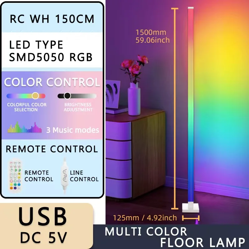 Moderne LED-Stehlampe für Schlafzimmer und Wohnzimmer mit Fernbedienung, Musiksynchronisation, Eckatmosphäre, Lichtstativ