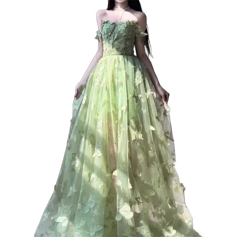 2025 neue Frühling Sommer Streetwear Grün Lange Luxus Abendkleid Schmetterling Stickerei Ball Geburtstag Party Kleider Frauen Hochzeit