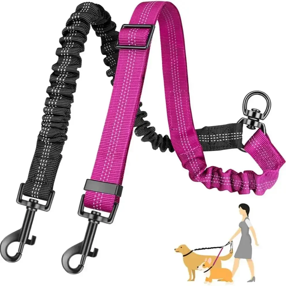 16 Fuß langer Doppel-Hundeleinen-Befestigung – Doppelleinen für das Training kleiner bis großer Hunde, verstellbarer Riemen, stoßdämpfender Bungee Image