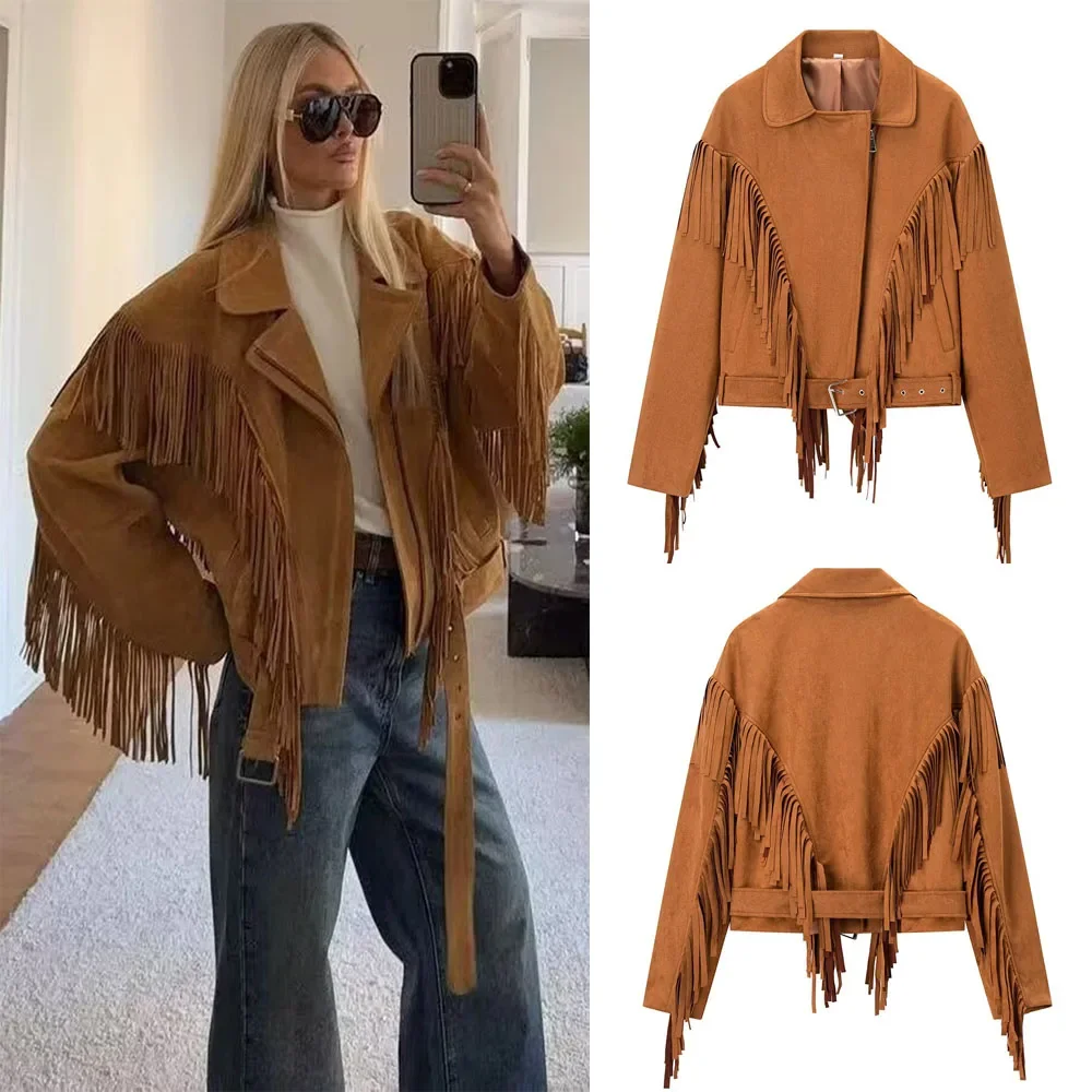 Frauen Herbst Quaste Wildleder Motorrad Jacke Mantel Solide Drehen-unten Kragen Langarm Kurzen Mantel Weibliche Straße Zipper oberbekleidung Image