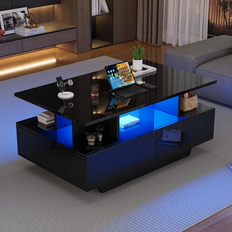 Moderner Hochglanz-Couchtisch mit LED-Beleuchtung, Größe 90 x 55 x 41 cm, mit einer Gewichtskapazität von bis zu 30 kg.