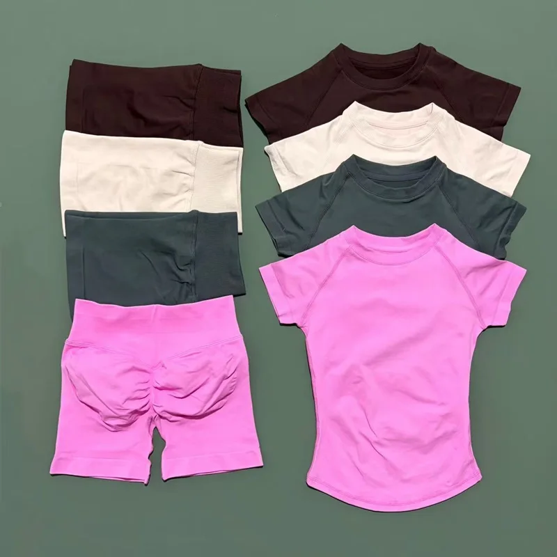 Ensemble de sport HISTELLO 2 pièces, vêtements de yoga sans couture à manches courtes, ensemble de fitness pour femmes, tenue de sport pour la course à pied, leggings courts