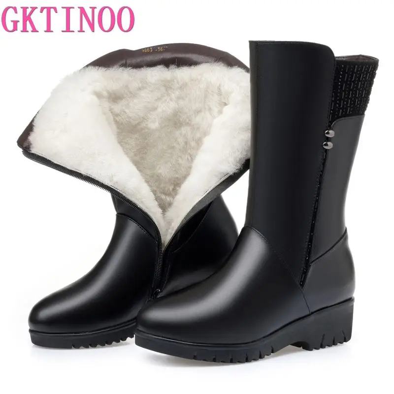 GKTINOO 2023 Neue Winter Kuh Leder Stiefel Für Frauen Schuhe Keile Innen Plüsch Wolle Schnee Stiefel Plus Größe In-rohr boot Frauen Stiefel