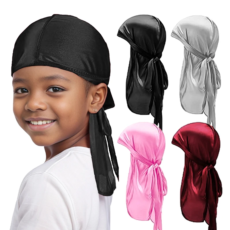 Seidiger Durag für Jungen und Mädchen, Piratenhut mit langem Schwanz, Hip-Hop-Bandanas, Kinder-Kopfbedeckung, Haarschmuck, modische elastische Turban-Kappe