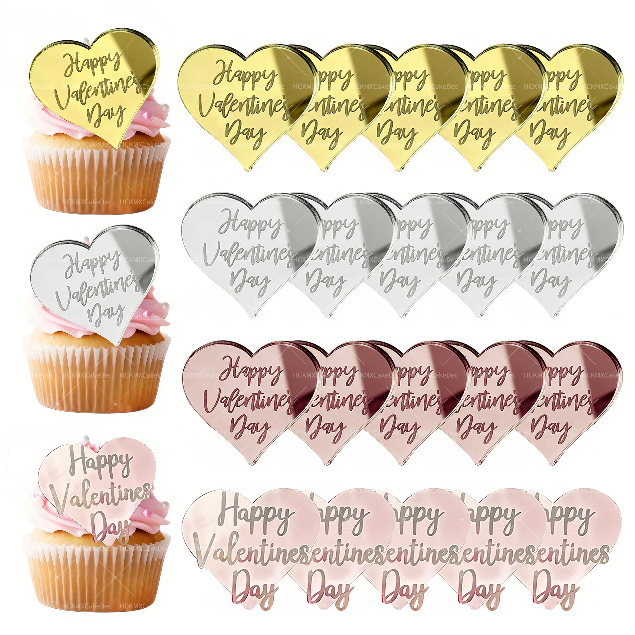 5 Stück herzförmiger Cupcake-Topper aus Acryl zum Valentinstag, für Valentinstag, Party, DIY, Kuchen, Dessert, Dekorationszubehör Image