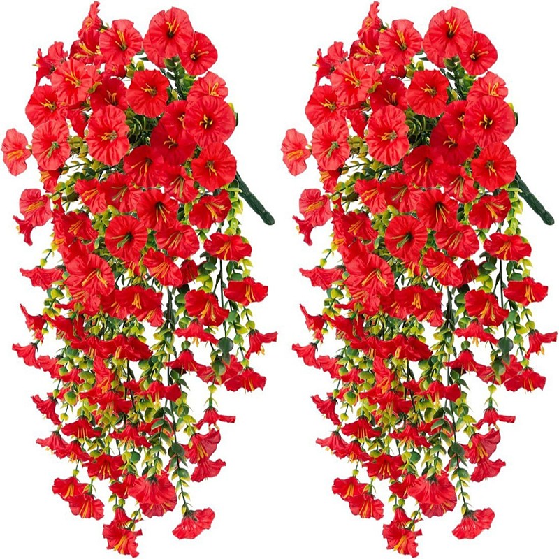 2pcs Artificial Hanging Flowers Faux Morning Glory with Eucalyptus Leaves UV Resistant Realistic Plants for Home Garden Decor Multi-Color No Container All-Season Spring Perfect for Thanksgiving