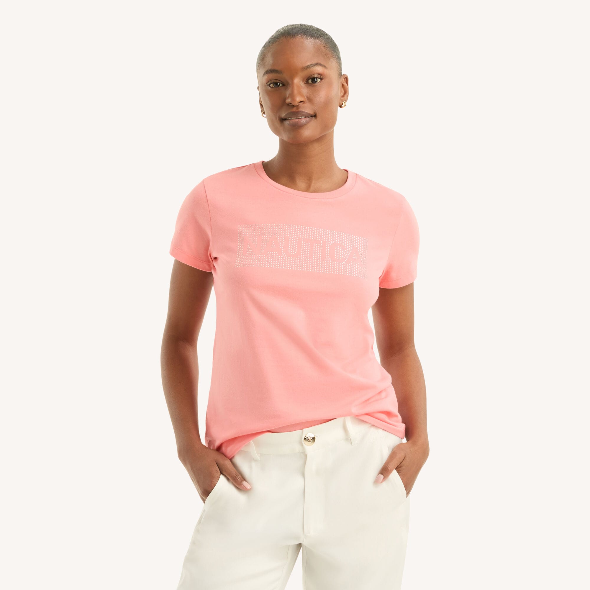 Nautica Women's Rhinestone Logo Graphic T-Shirt 643 (Pale Coral), L