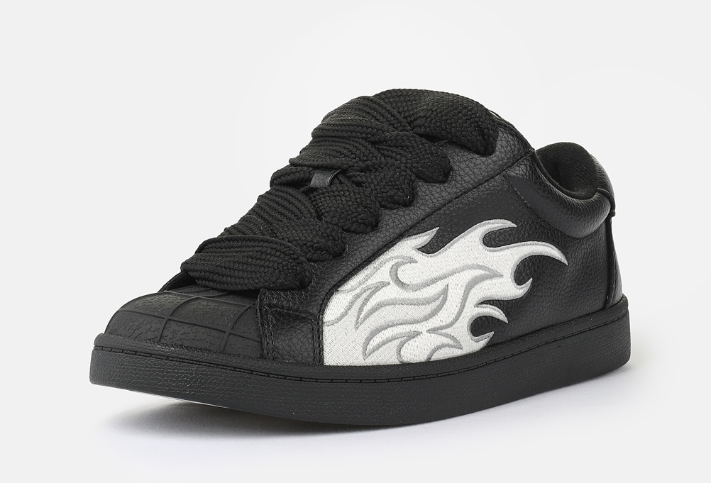 Sneaker BUFFALO "LIBERTY", Damen, Gr. 40, schwarz, weiß, Lederimitat, kontrastfarbene Details, Schuhe Sneaker, Freizeitschuh, Schnürschuh, Halbschuh mit trendigem Flammenmotiv