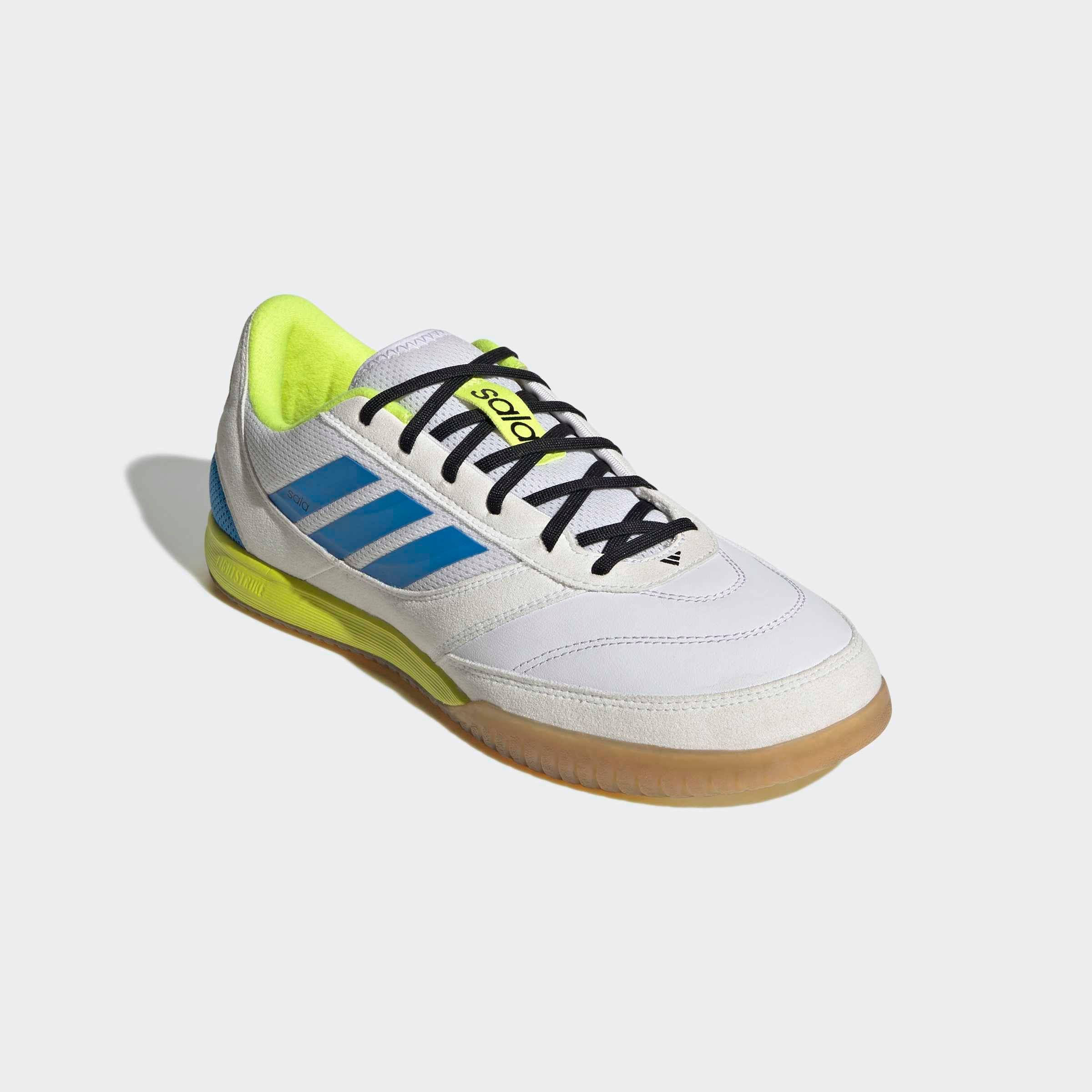 Fußballschuh ADIDAS PERFORMANCE "TOP SALA COMPETITION II INDOOR", Gr. 44,5, cloud weiß, lucid ray blau, solar gelb, Leder, Synthetik, Schuhe Fußballschuh, für Hallenboden