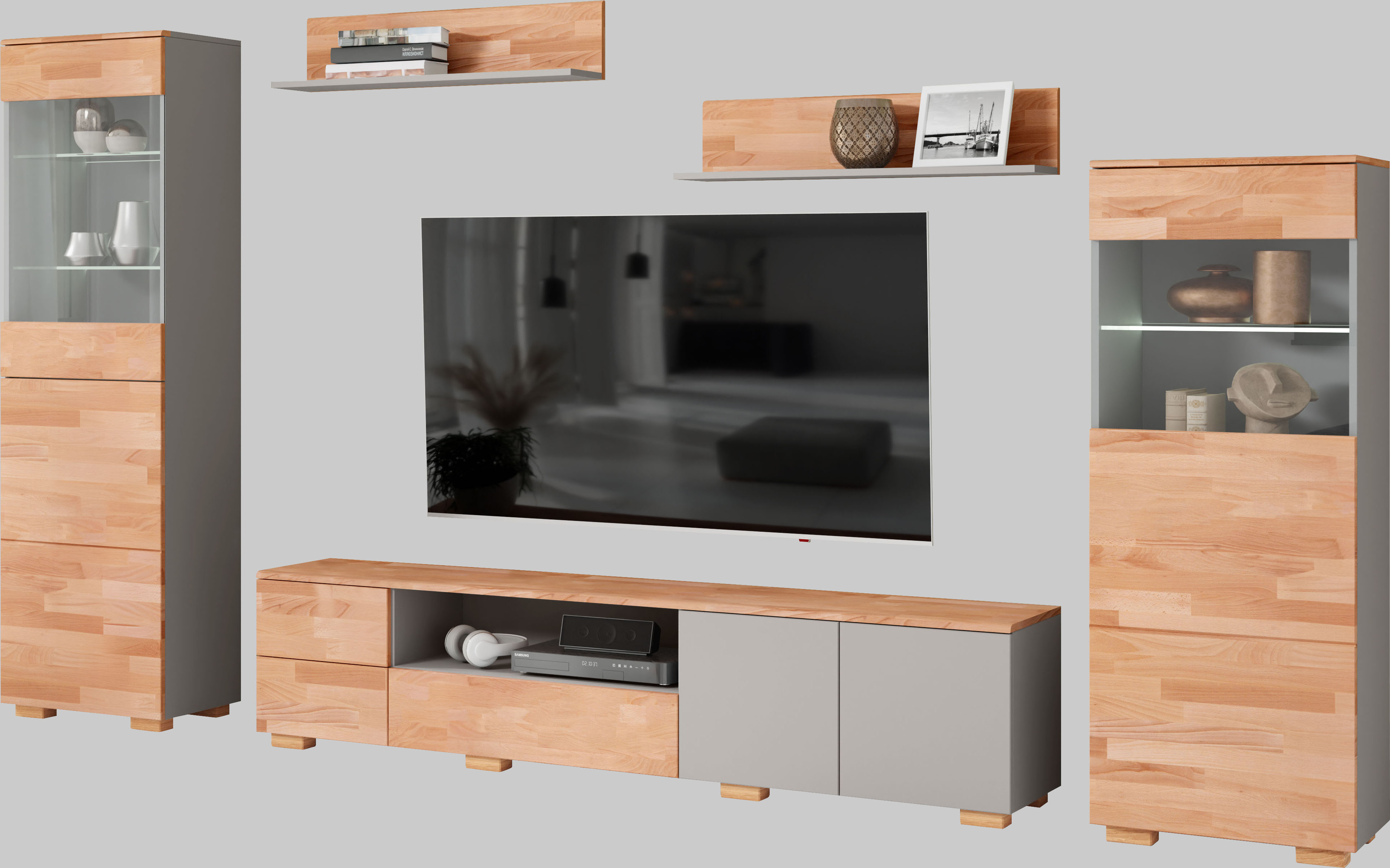 Wohnwand OTTO HOME, braun (braun und grau), B:310cm H:185cm T:35cm, Holzwerkstoff, Massivholz, Kastenmöbel-Sets, Wohnwand, schöne moderne Optik