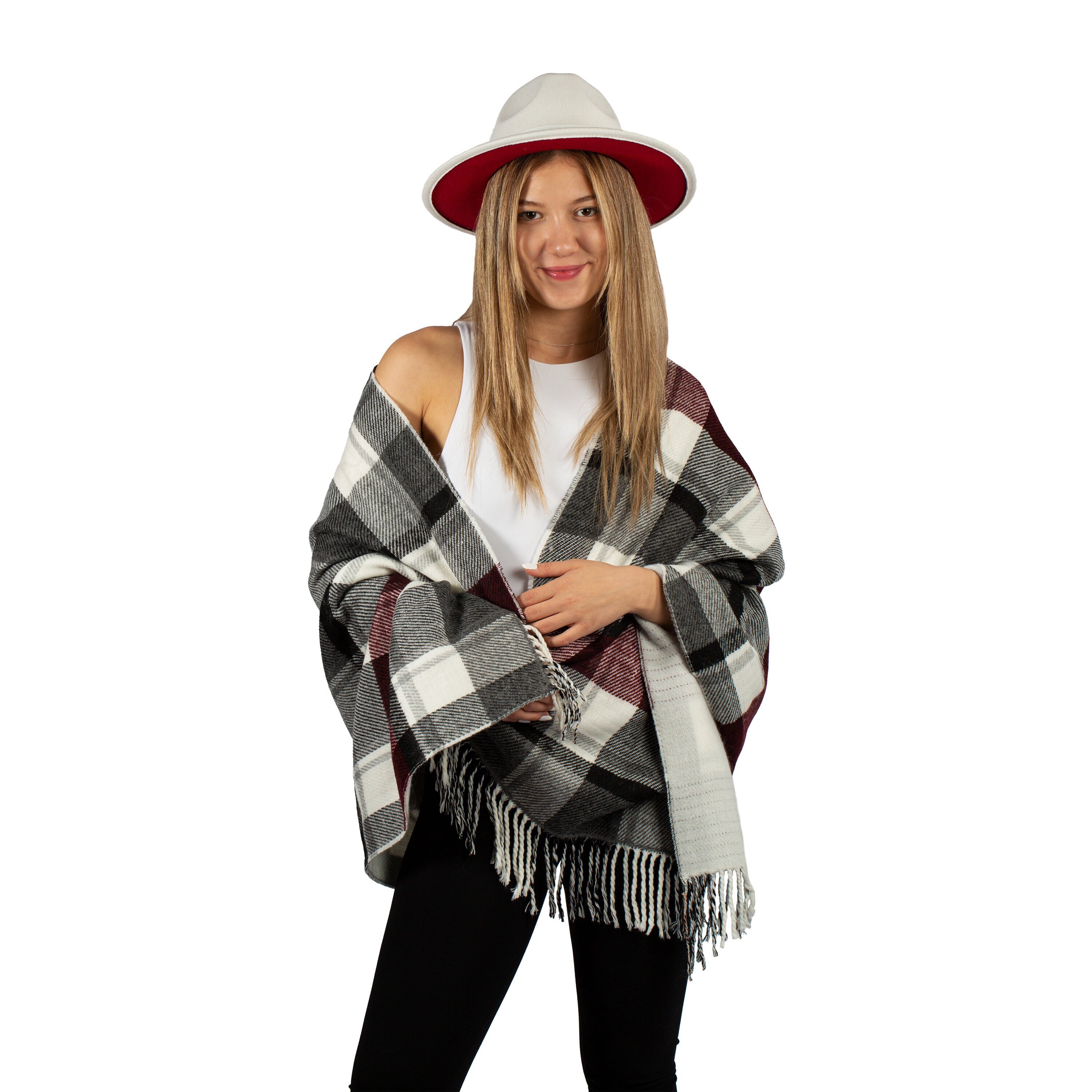 Sciarpa invernale oversize da donna in tartan scozzese grigio bordeaux, scialle invernale, sciarpa coperta double face da donna, scialle caldo in pash