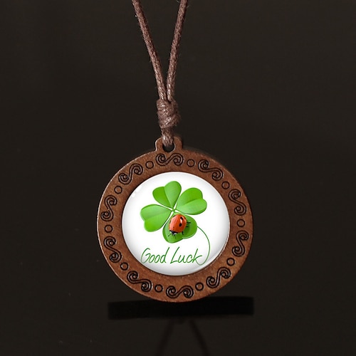Collana retrò con trifoglio portafortuna - ciondolo portafortuna irlandese con ciondolo a forma di quadrifoglio, catena con cordino marrone, ciondolo unisex in legno resistente