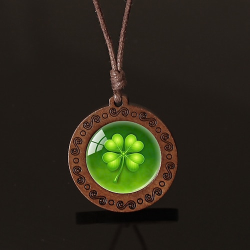 Collana retrò con trifoglio portafortuna - ciondolo portafortuna irlandese con ciondolo a forma di quadrifoglio, catena con cordino marrone, ciondolo unisex in legno resistente