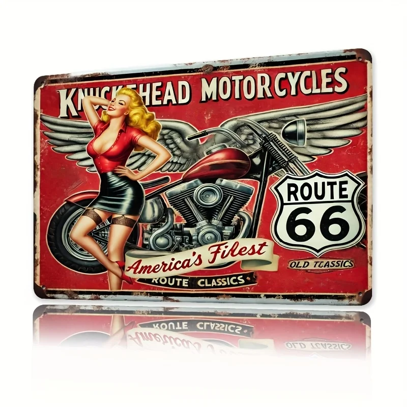 Metallschild „Motorrad Route 66“ – klassische Garagen-Wandkunst, Retro-Eisentafel mit Knucklehead-Motorrad-Design, Image