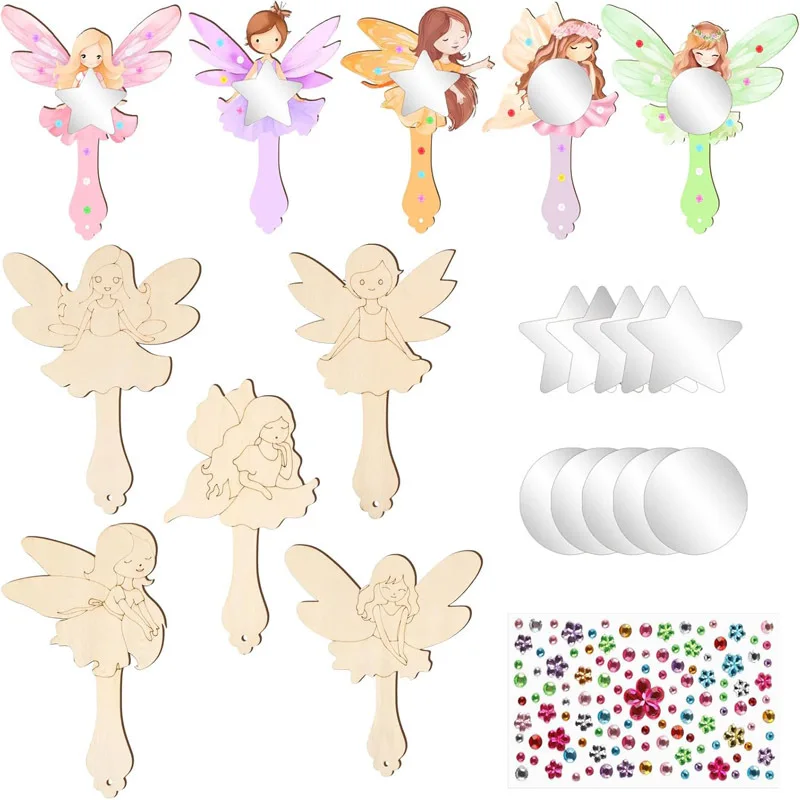 10 teile/satz Fee Holz Spiegel DIY Farbe Hand Spiegel mit Strass Aufkleber Geburtstag Geschenk Party Dekorationen Lieferungen für Kinder Image