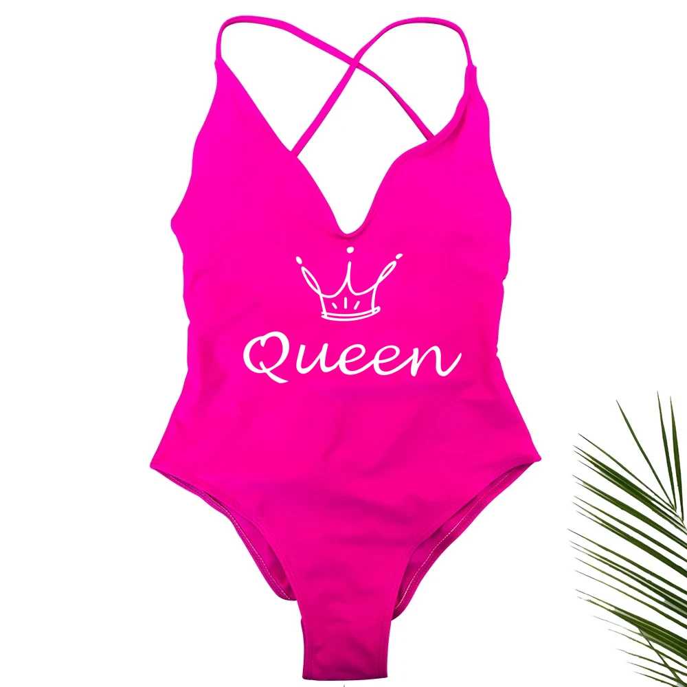 QUEEN Sexy gepolsterter Badeanzug mit Kreuzrücken für Damen, hoch geschnitten, einteiliger Badeanzug, Strandmode, Party-Body Image