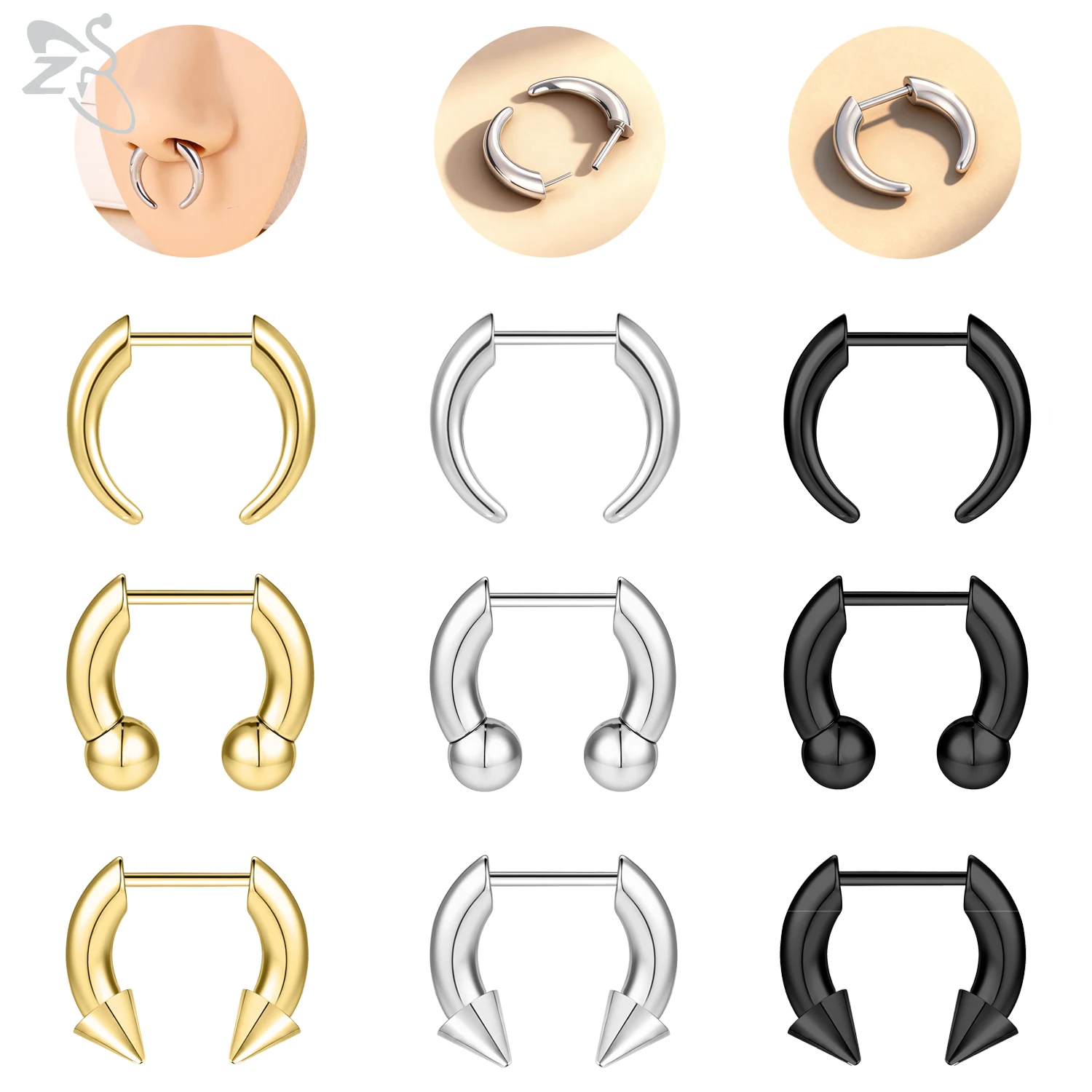 ZS 1PC 16G Buffalo Horn Nasenpiercing Edelstahl Pincher Plug In Septum Ring Keil Expander Gold Farbe Nasenring 8mm Image