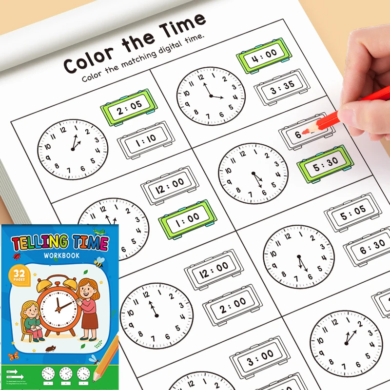 Übungsbuch für Kinder zum Erlernen der Zeitmessung, geeignet für Kindergartenaktivitäten zu Hause, inklusive Lese- und Mathe-Übungen, ideal für den Unterricht im Klassenzimmer und als Image