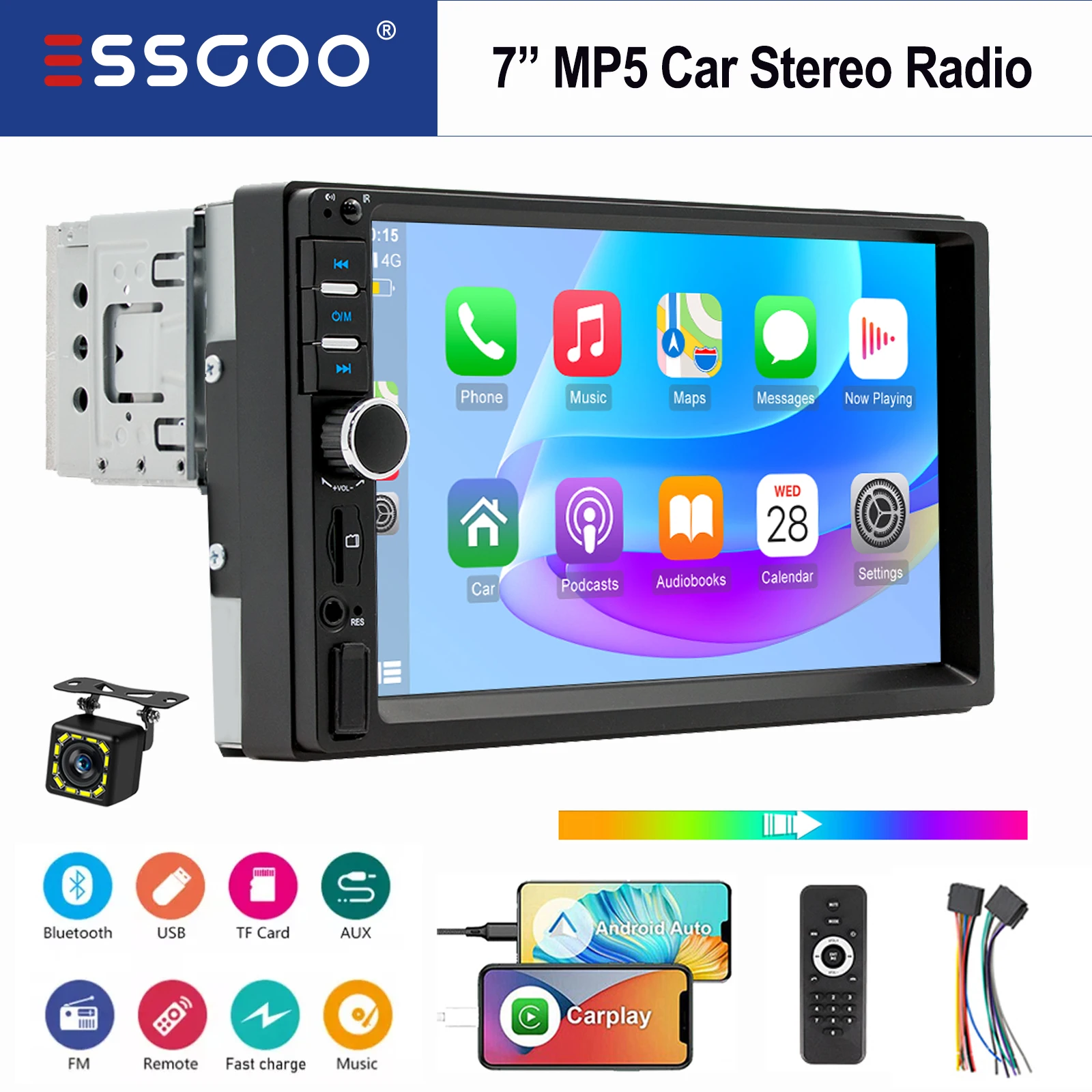 ESSGOO 7 Zoll 1 DIN HD Touchscreen Autoradio Radio MP5 verkabelt Apple Carplay Android Auto Bluetooth USB AUX TF EQ Spiegellink FM Image
