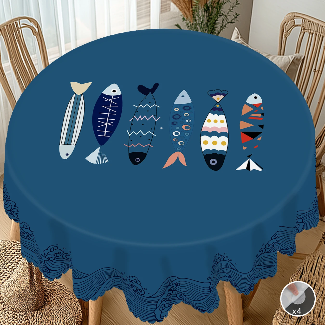 1-teilige sommerliche, schlichte, bedruckte runde Tischdecke im Ozean-Stil, rechteckige Tischdecke mit geometrischem Fischmuster, Party-Tischdecke, Heim-Tischdekoration, Camping-Tischdekoration im Image