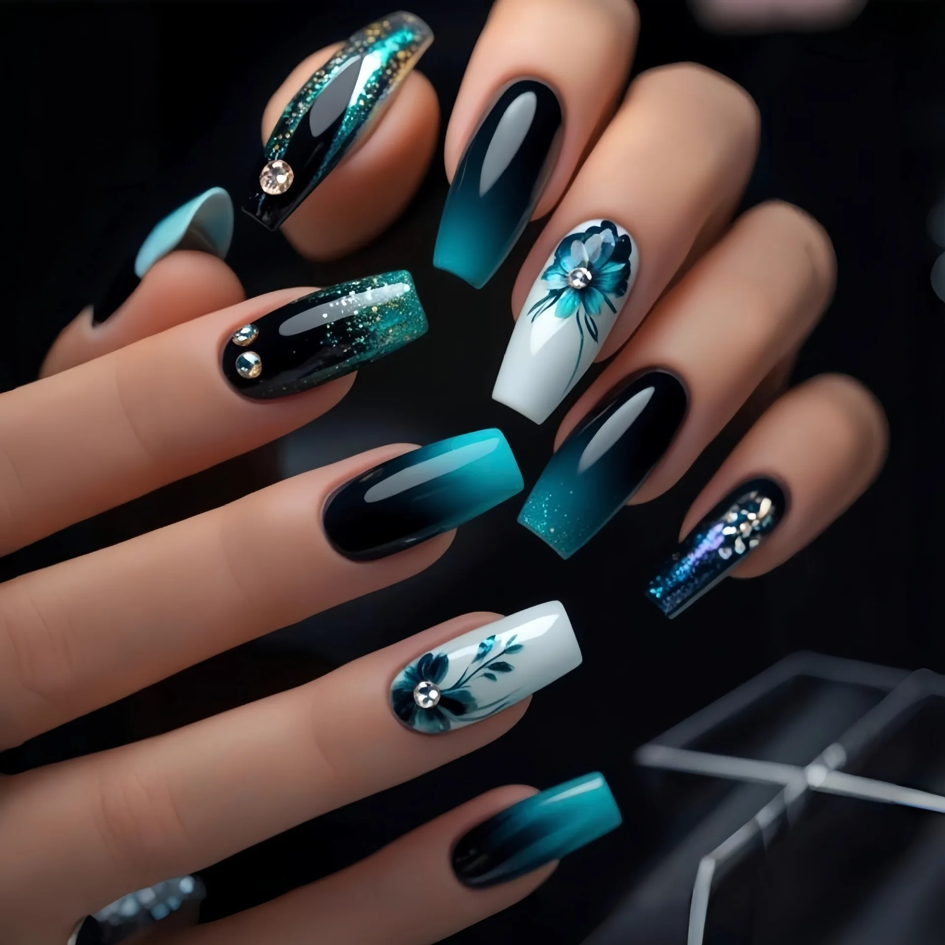 Mittellange künstliche Nägel für Frauen, Mädchen, modische Blumen, Kaktus, Farbverlauf, Blau, Rot, Rosa, Gelb, Grün, Ballettspitzen, zum Aufdrücken falscher Nägel Image