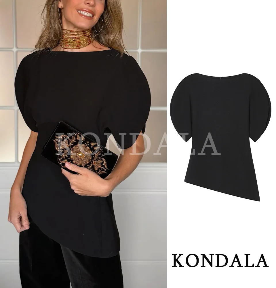 KONDALA Pendeln Modernes Top mit Puffärmeln, Business-Damen, asymmetrischer Saum, Kurzarm-Top, 2026, Frühling, Sommer, trendiges, schickes, elegantes Top Image