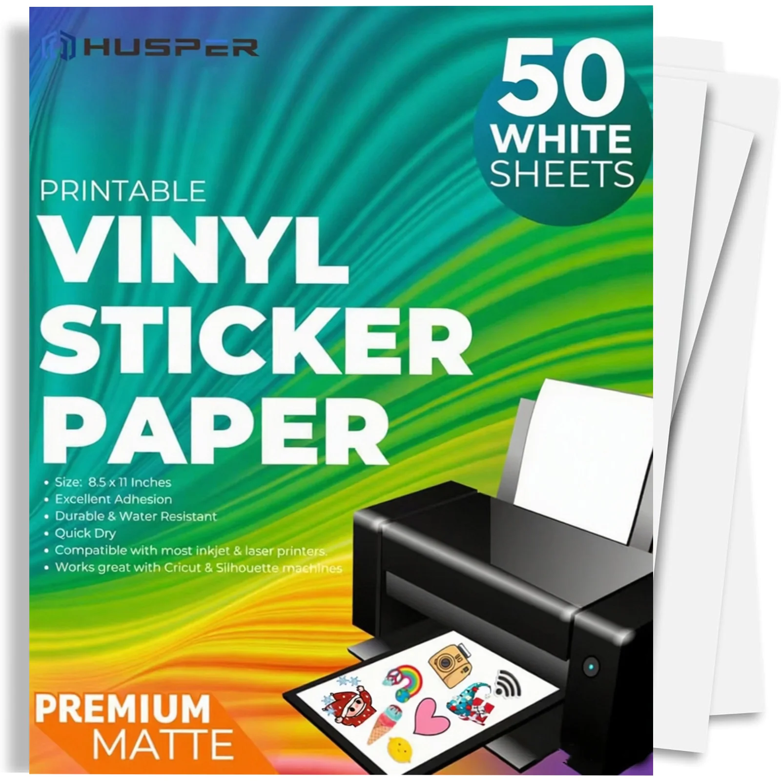 Hochwertiges, bedruckbares Vinyl-Aufkleberpapier für Tintenstrahl- und Laserdrucker – 50, weißes, mattes Aufkleberpapier, wasserfest Image