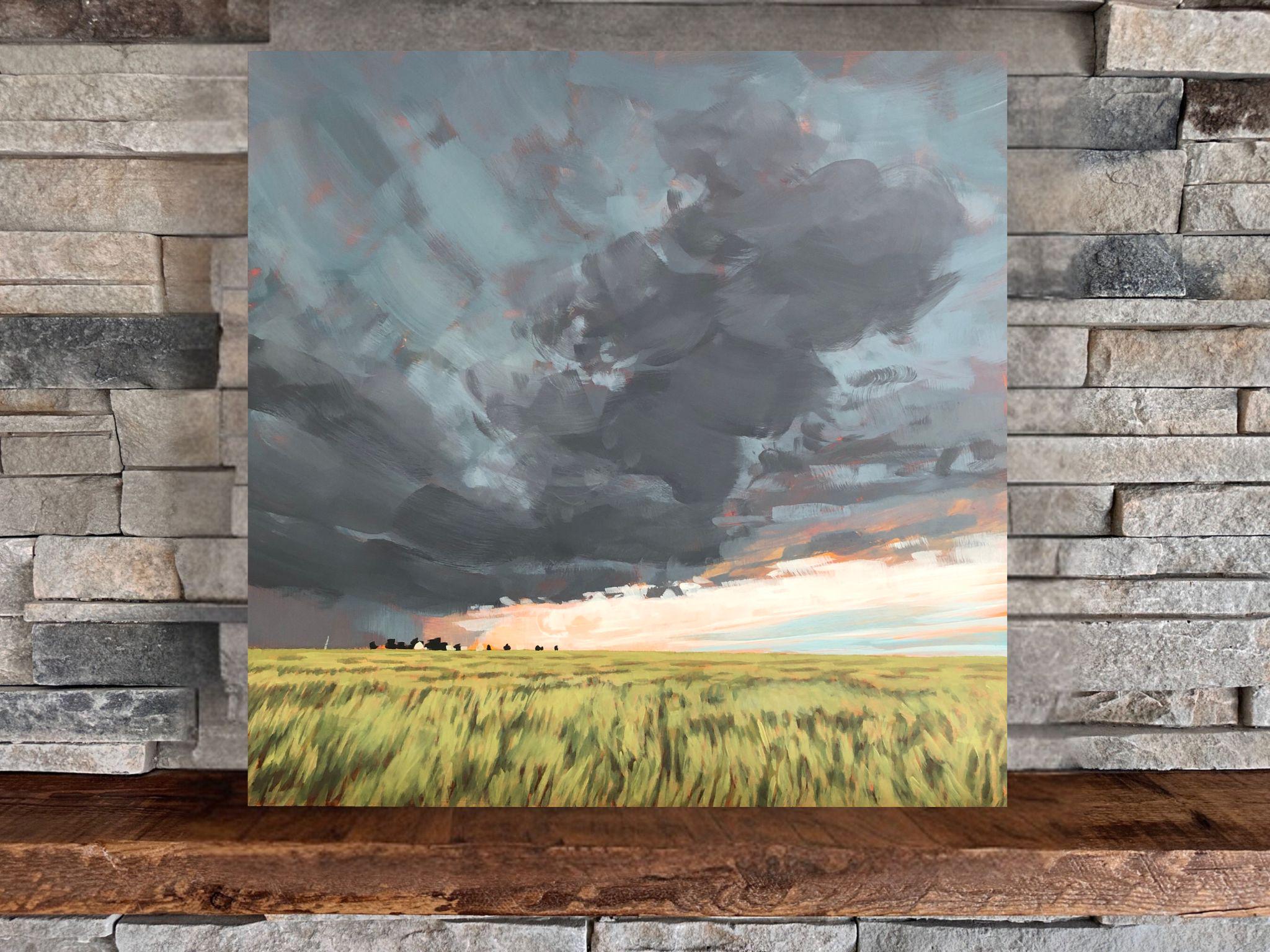Tempesta di prateria / Stampa montata su paesaggio quadrato, dipinto di paesaggio agricolo colorato con cielo semplice del Midwest / Jim Musil Painter