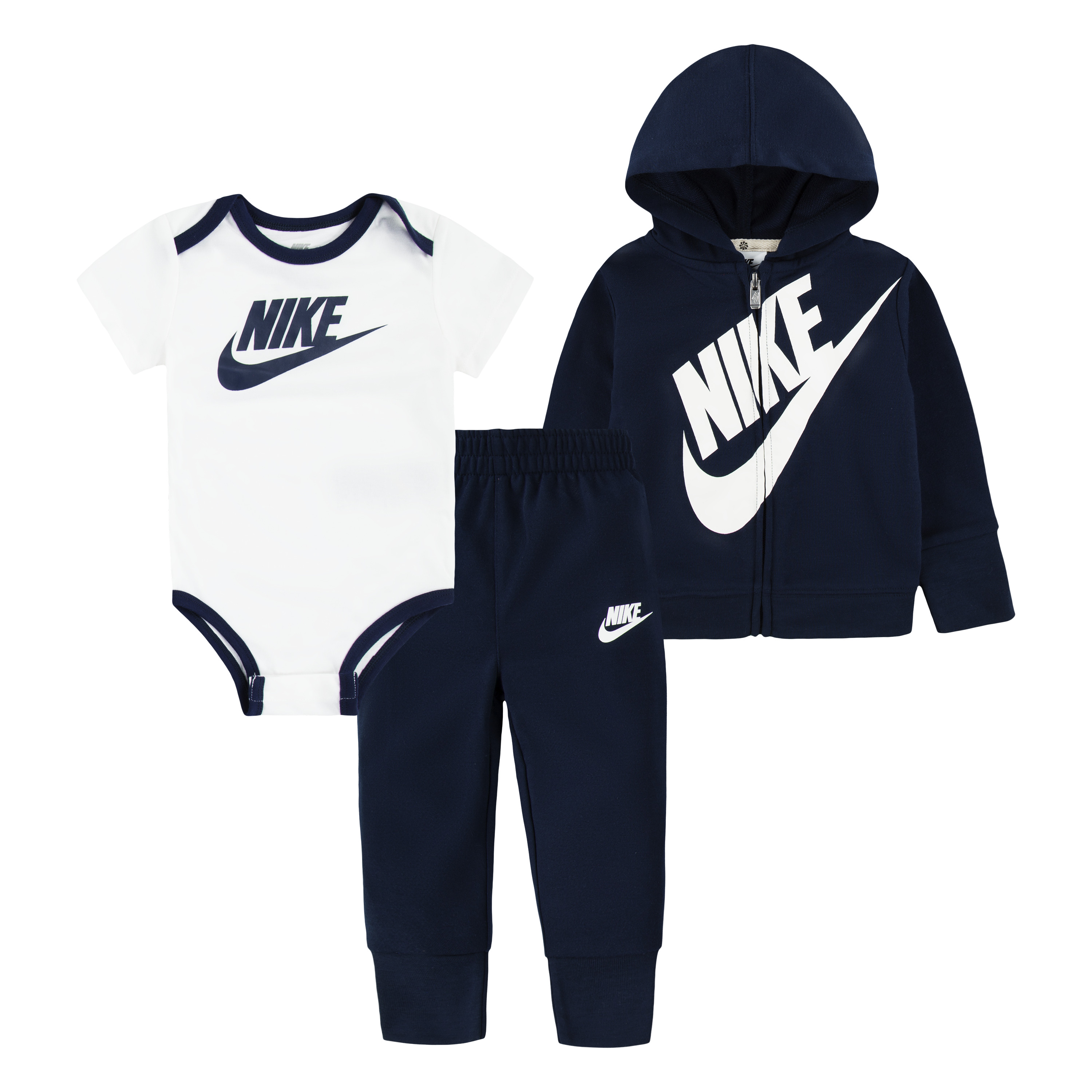 Erstausstattungspaket NIKE SPORTSWEAR "NKN SUSTAINABLE 3PC FZ SET", Mädchen, Gr. 62 (3), weiß, Jersey, Obermaterial: 100% Polyester, unifarben, KOB Set-Artikel Erstausstattungspaket, für Babys