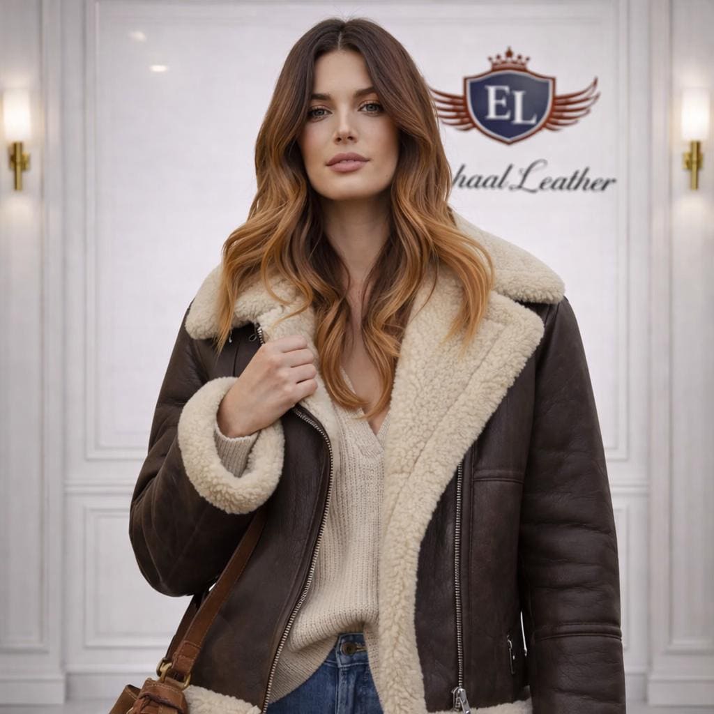 Women Shearling Leather Jacket Brown Sheepskin Coat Winter Fur Leather Jacket Aviator Bomber Jacket Gift For Her
