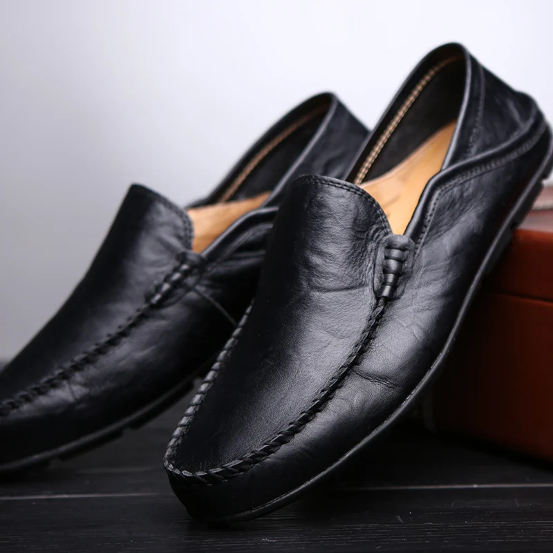 Herren-Leder-Loafer, bequeme Slip-On-Schuhe, atmungsaktiv, leicht, Wanderschuhe für große Größe 47, lässige weiche Fahrschuhe