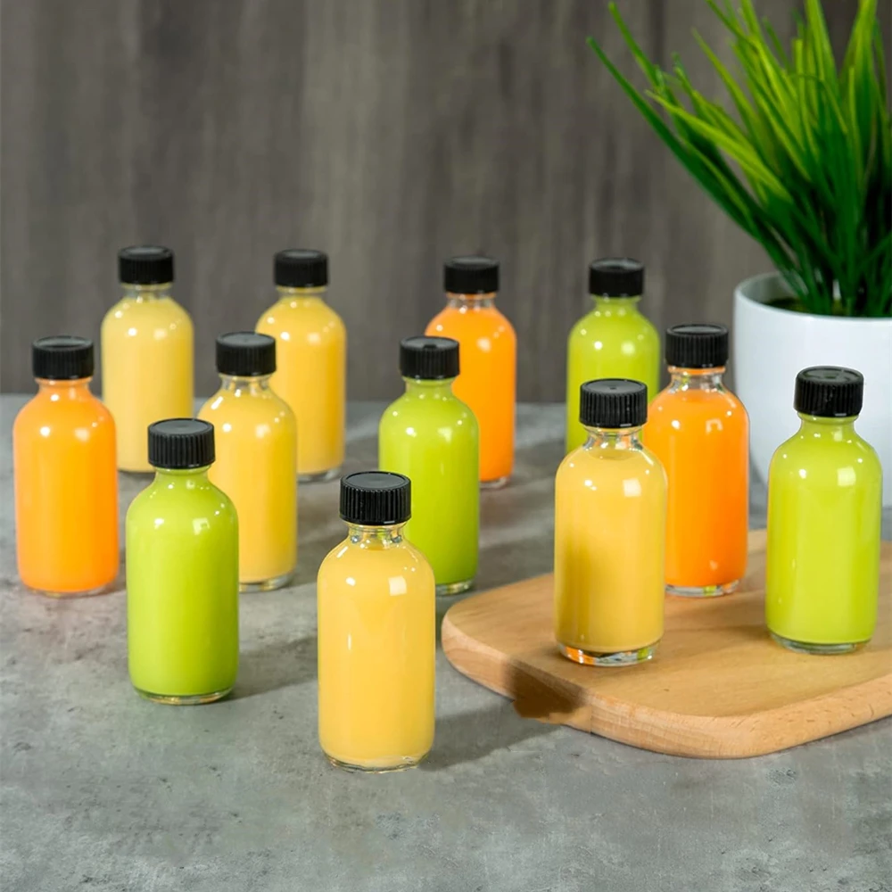 12 Stück 60 ml kleine Klarglasflaschen mit Deckel, Mini-Saftflasche für Likör, Ingwer, Trank, Saft, ätherische Öle, Whisky-Probe 2 Unzen Image