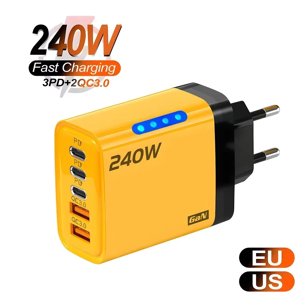 Caricatore rapido USB totale 240 Caricatore USB tipo C a 5 porte Adattatore di alimentazione luce LED per iPhone Samsung QC 3.0 Caricatore da muro con spina UE/USA