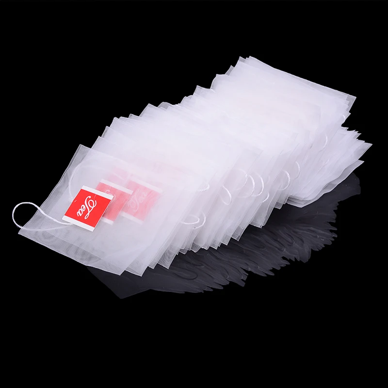 100 Stück 7 x 6 cm transparente Einweg-Teebeutel, Filterbeutel für Tee-Ei mit Schnur, Heilungssiegel, Lebensmittelqualität, Nylon, Gewürzteebeutel Image