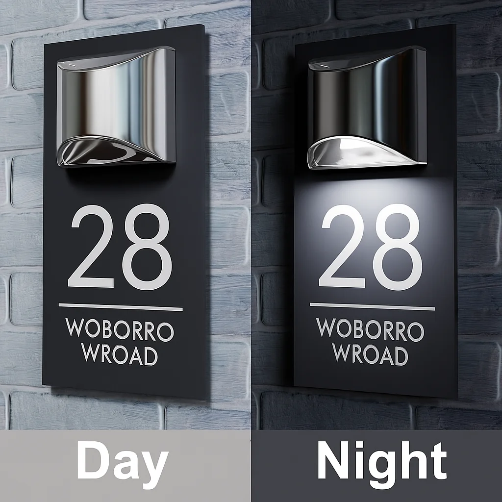 Modernes Hausnummernschild mit Solarlicht für den Außenbereich, wasserdicht, LED-Adressschild, individuelles Türnummernschild, mattschwarzes Acryl-Wandschild Image