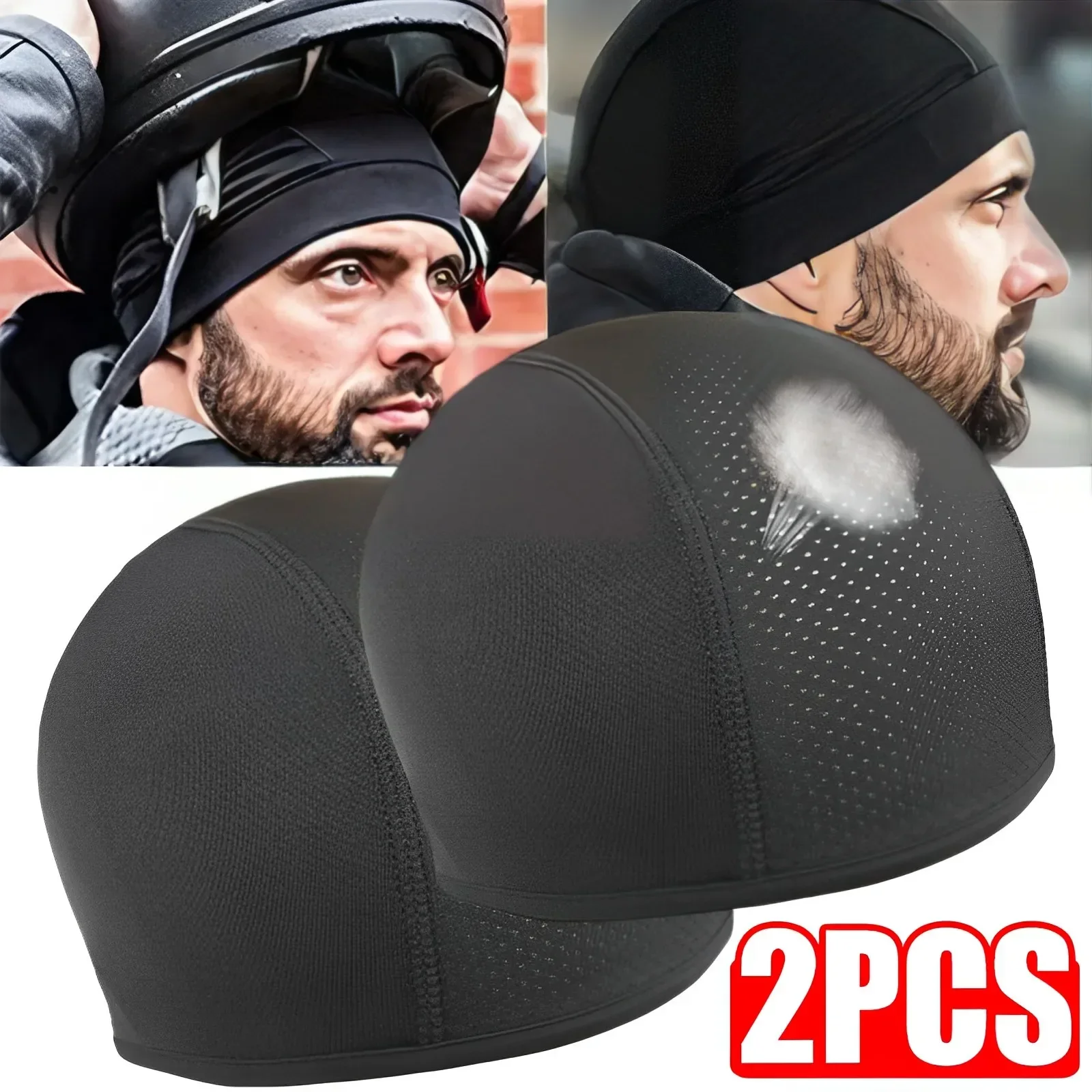 Neue schnell trocknende Helm-Innenkappe, atmungsaktiv, unter dem Hut für Motorrad-Rennhelme, Beanie-Stil, bequeme Passform, Packung mit 1 oder 2 Stück Image