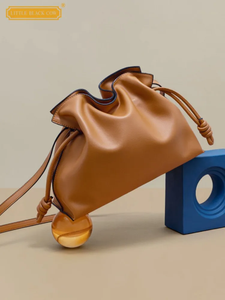 Frauen Casual Große Kapazität Eimer Tasche Rüschen String Kuh Echt Leder Schulter Tasche Weiblichen Riemen Einkaufen Umhängetaschen Braun