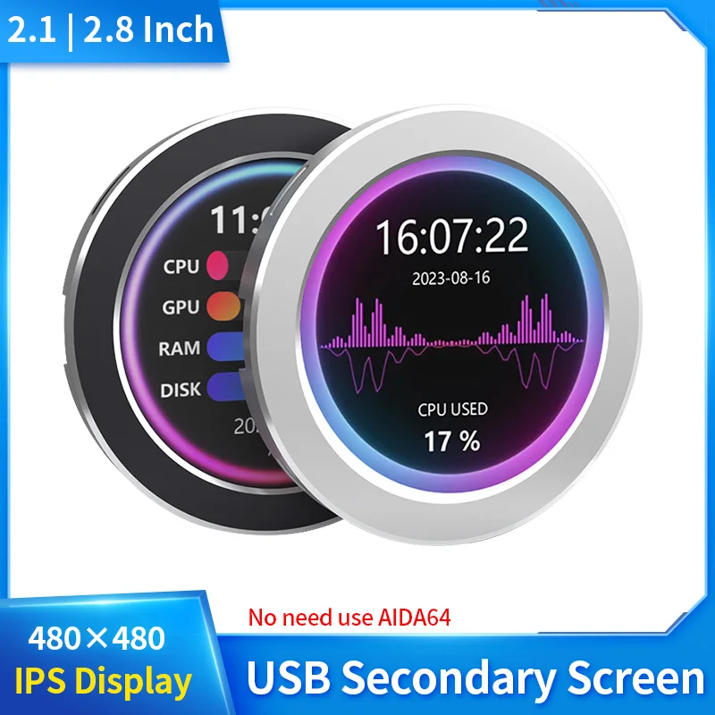 2,8/2,1 Zoll USB-Wasserkühler Bildschirm 480x480 Sekundär bildschirm mit Musikspektrum-Analyse funktion CPU-RAM-GPU-Überwachung Image