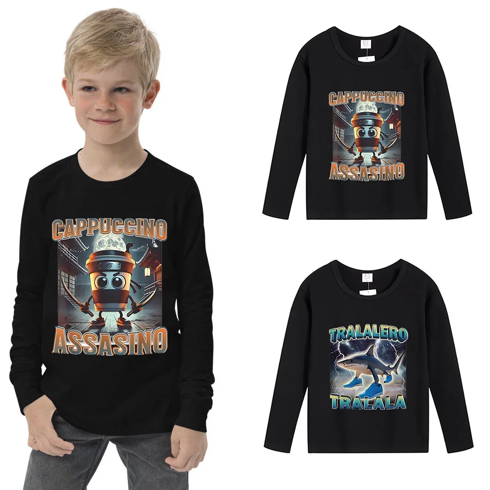 Italienische Brainrot-T-Shirts für Kinder, schwarzes Langarm-T-Shirt, lustiges Tiere-Druck-Shirt, Tung Tung Sahur, Kinder-Baumwolloberteile, Geschenke Image