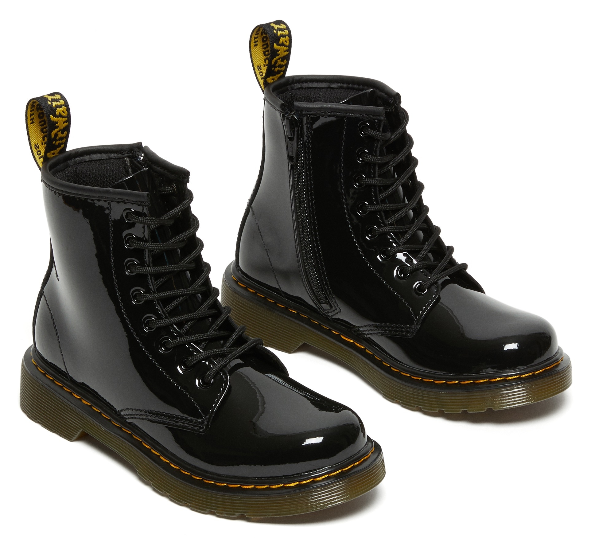 Schnürboots DR. MARTENS "Junior 1460 8-Loch Lacklederstiefel", Damen, Gr. 31, schwarz, Lackleder, glänzend, Schuhe Schnürboots, Lackstiefel, Kinderstiefel, Freizeitschuh mit Reißverschluss