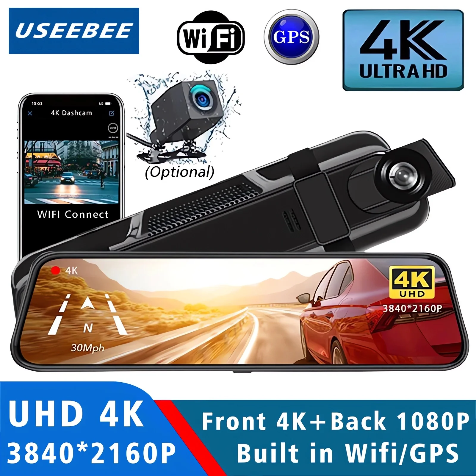 10 pollici 4K 2160P Dash Cam Wifi GPS Car Dvr Dual Lens Dashcam Stream Specchietto retrovisore IPS Video Drive Registratore Telecamera Registrar