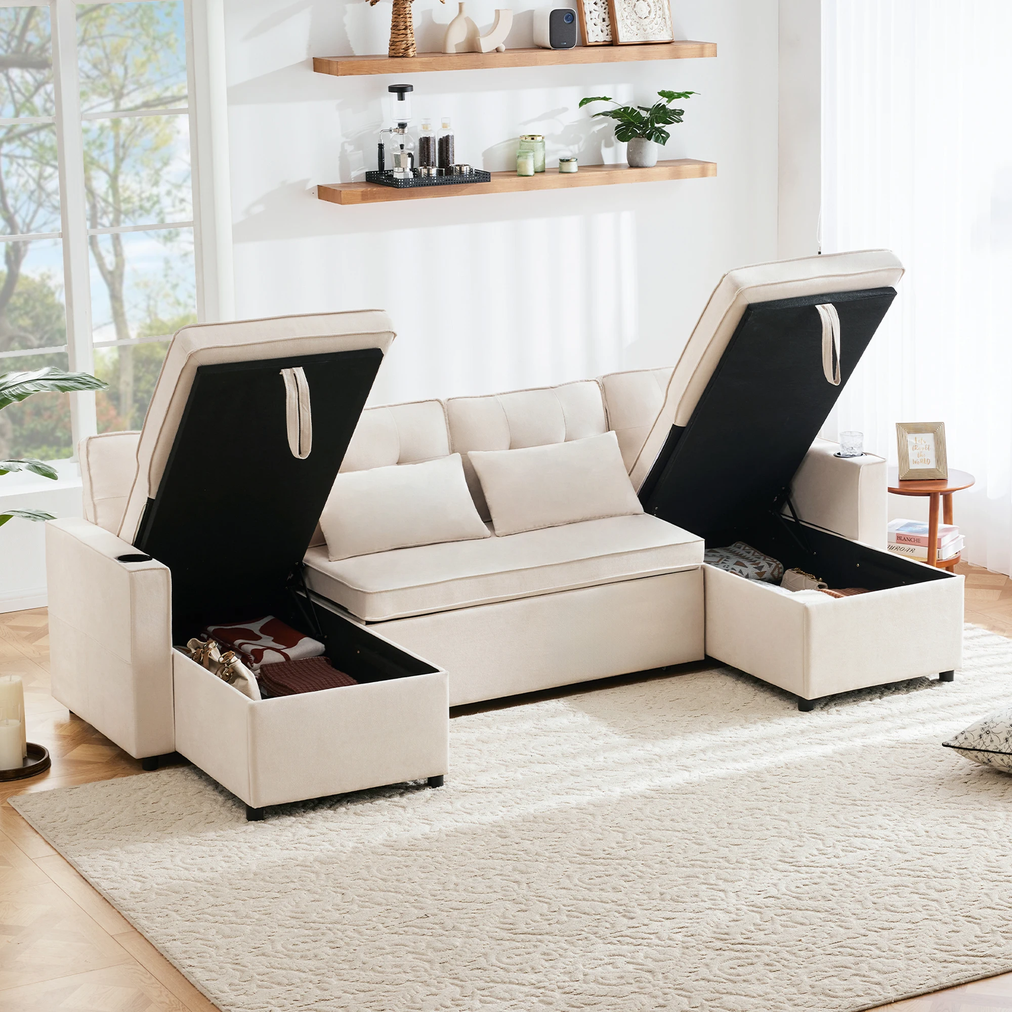 Sofa U-förmiges Sofa mit Schlaffunktion und Getränkehalter,Loungesofa mit Kasten-Stauraum, Baumwoll-und Leinenstoffe