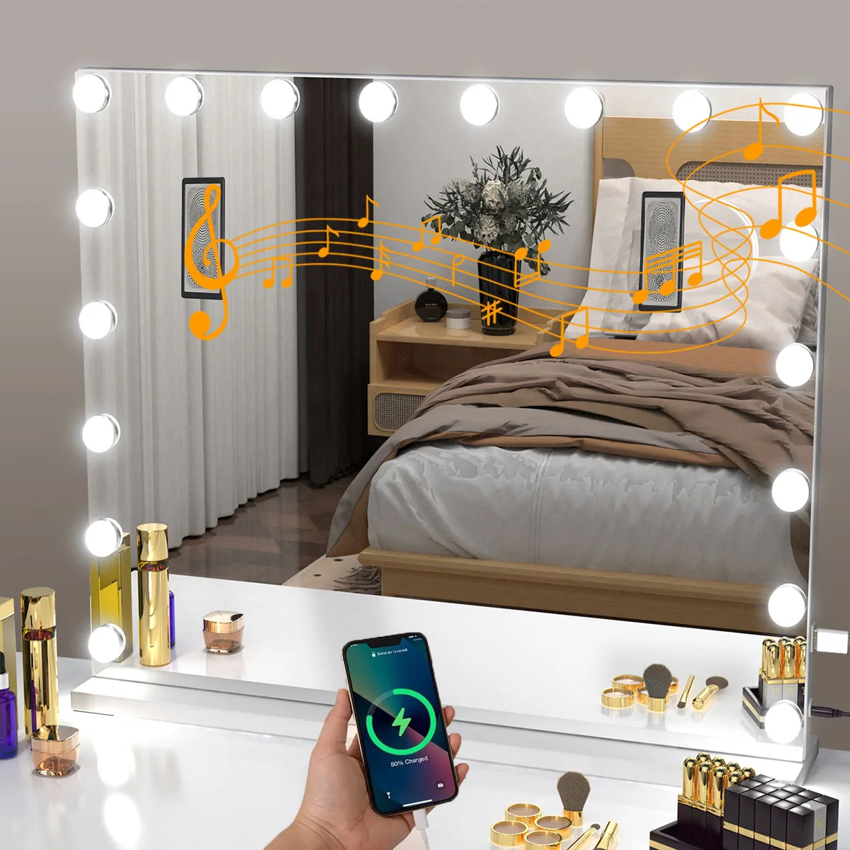 Schminkspiegel mit LED-Glühbirnenbeleuchtung, Bluetooth-Lautsprecher, dimmbarer Touch-Steuerung, Ladeanschluss. Kosmetikspiegel für Schlafzimmer