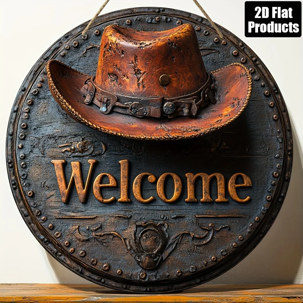 2D Flat – [2D Flat] Rustikales Cowboyhut-Willkommensschild – 20,3 x 20,3 cm große runde Wanddekoration aus Holz mit braunem Vintage-Cowboyhut und floralem Acc