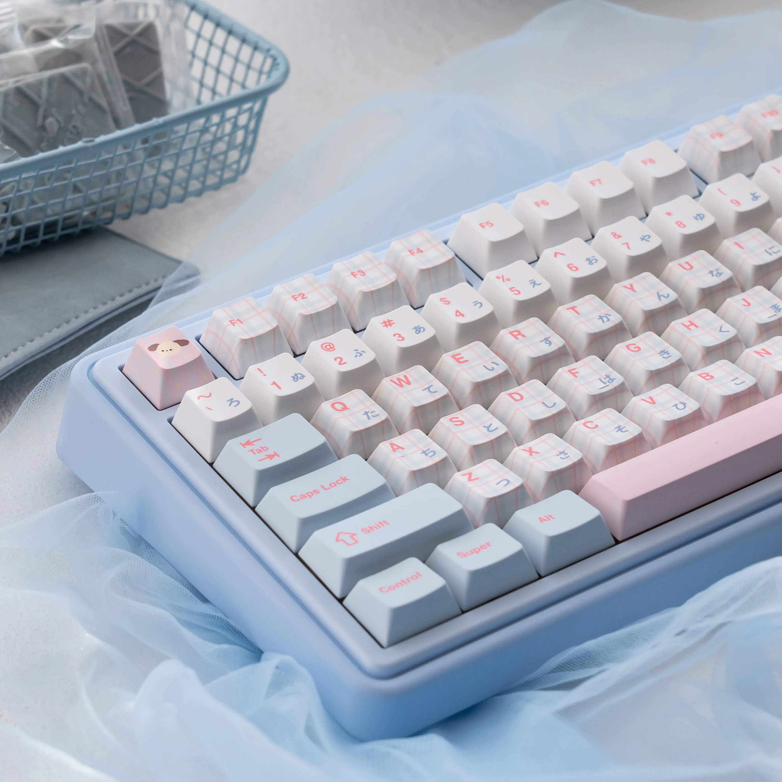 Japanische Tastenkappen „Chalk Puppy“, 129-Tasten, Dye Sub Cherry Profile, PBT-Tastenkappen-Sets, süßes Rosa, Blau für mechanische MX-Tastatur Image