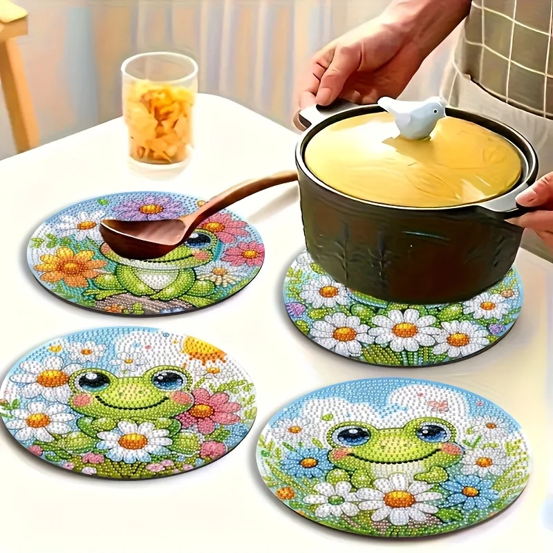 4-teiliges Esszimmermatten-Set aus Holz mit Froschmuster, DIY-Kristall-Diamant-Kunst-isolierte Tischset, handgefertigtes Mosaik-Set, ohne Image