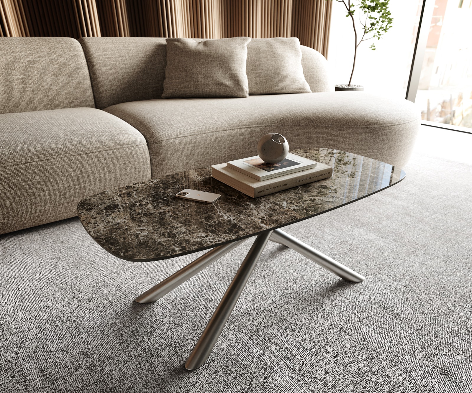 DELIFE Couchtisch Edge Boot 100x50 cm Keramik Laminam® Emperador Extra Lucidato Dunkelbraun Sarity Edelstahl gebürstet, Couchtische Image